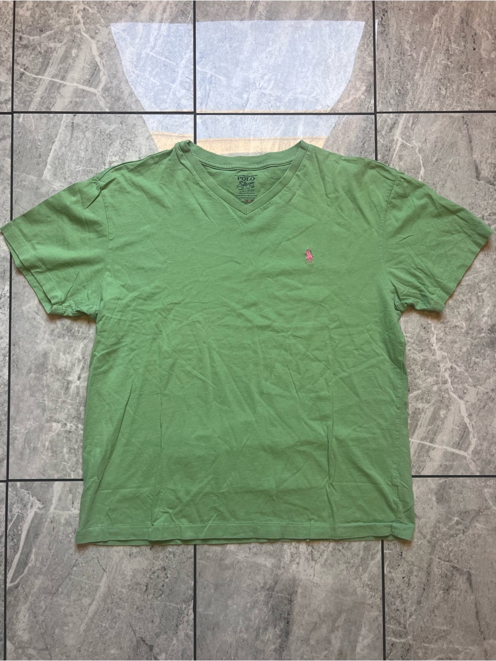Polo Ralph Lauren Men's Green Classic Fit V-Neck Pink Embroidered Pony T-Shirt M